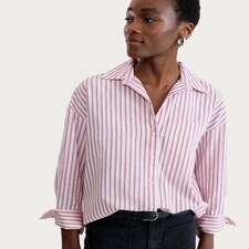 F&F Cotton Rich Stripe Print Button Up Oversized Fit Shirt in Multi Pink