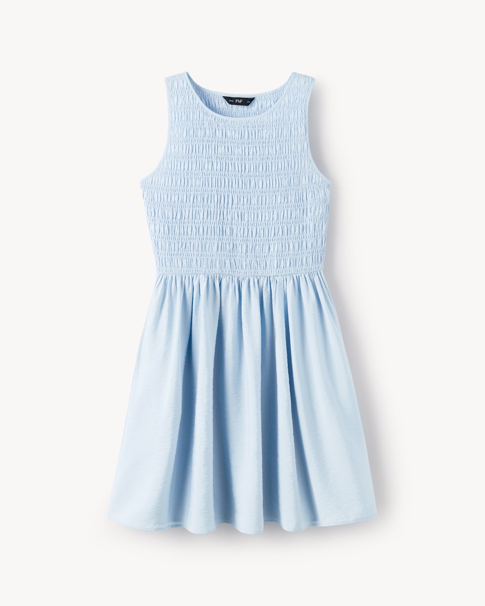 image 1 of F&F Shirred Sleeveless Mini Dress in Blue