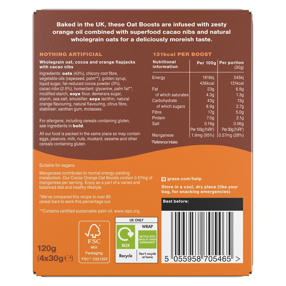 image 1 of Graze Cocoa Orange Oat Boosts Flapjack Snack 4x30G