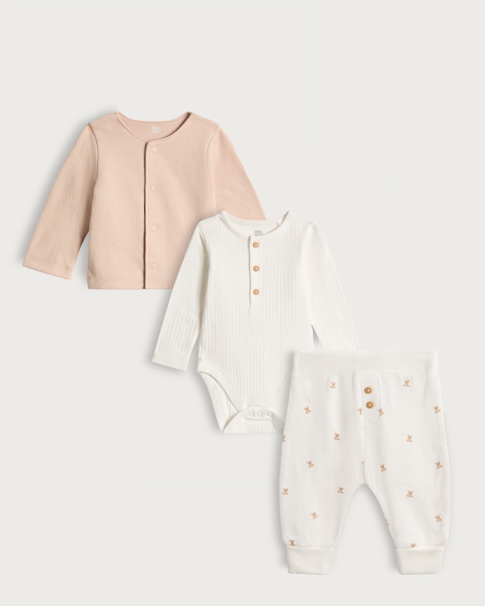 image 1 of F&F Baby 3-Piece Cotton Rich Bear Print Cardigan, Bodysuit and Legging Set in Med Nude