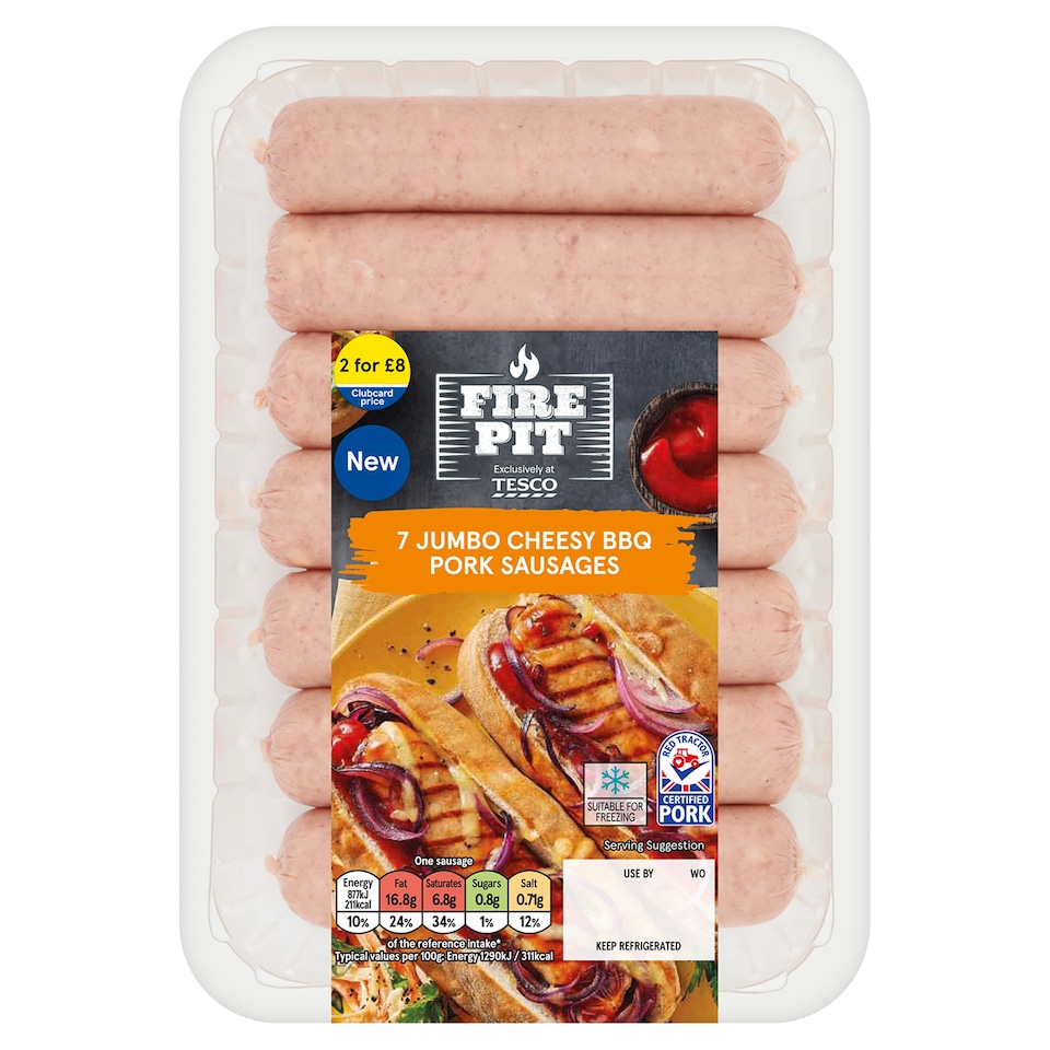 Tesco Fire Pit 7 Cheesy BBQ Pork Sausages 595g