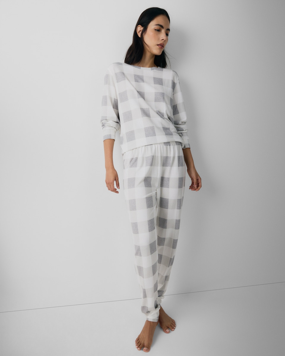 image 1 of F&F Textured Checked Pyjama Set in Multi Grey