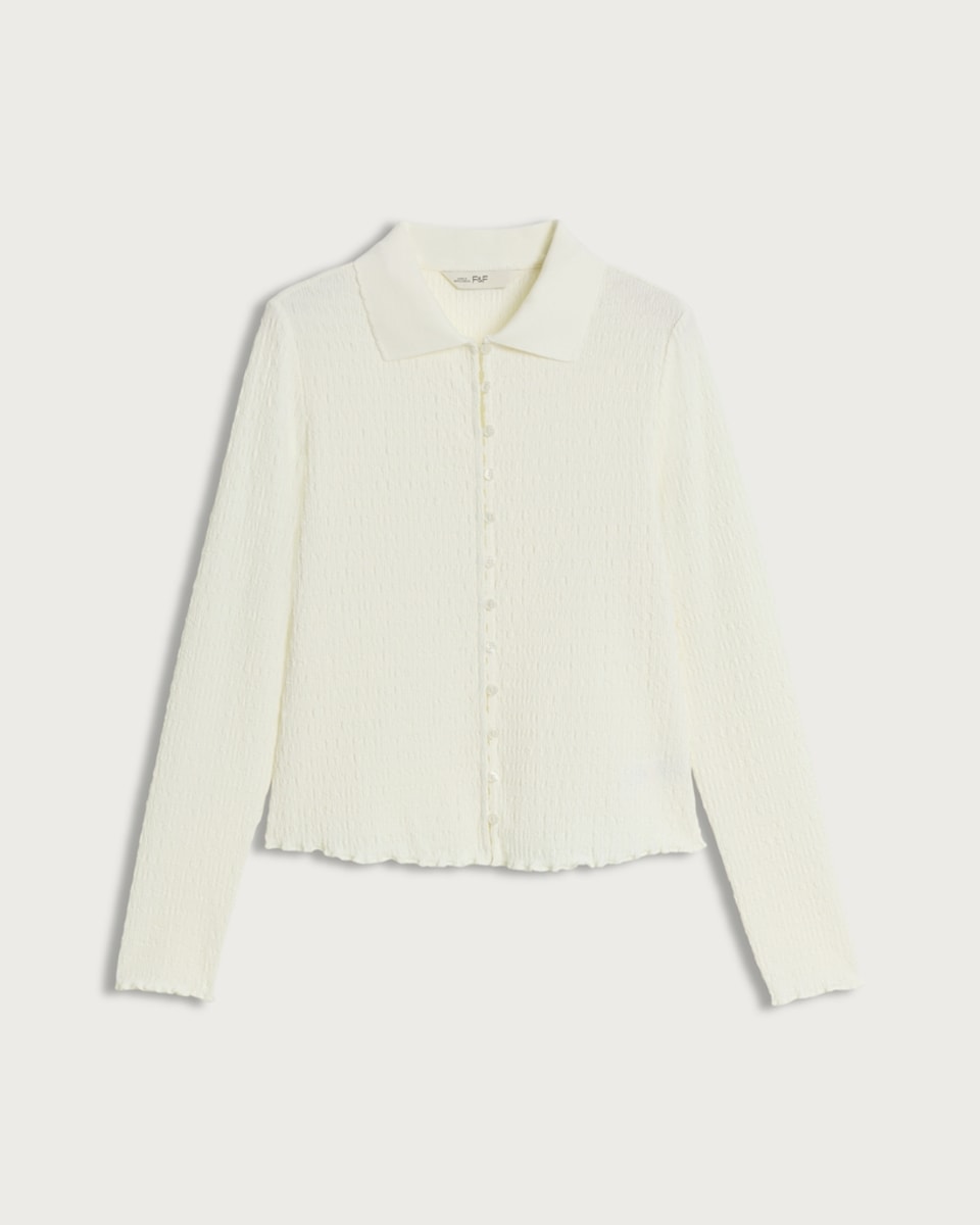 image 1 of F&F Crinkle Textured Button Up Long Sleeved Co-ord Shirt in Cream