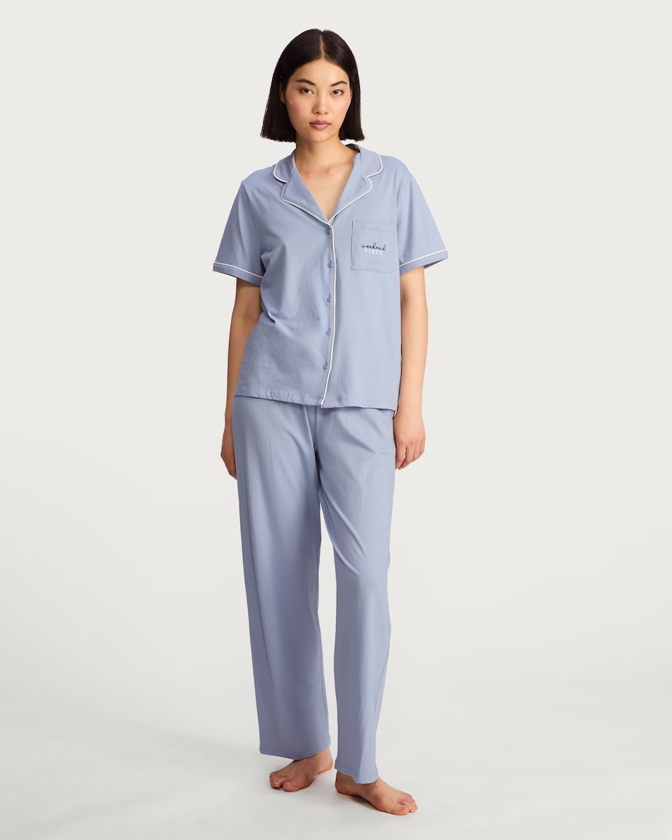 image 1 of F&F Pure Cotton Weekend Vibes Revere Pyjama Set in Blue