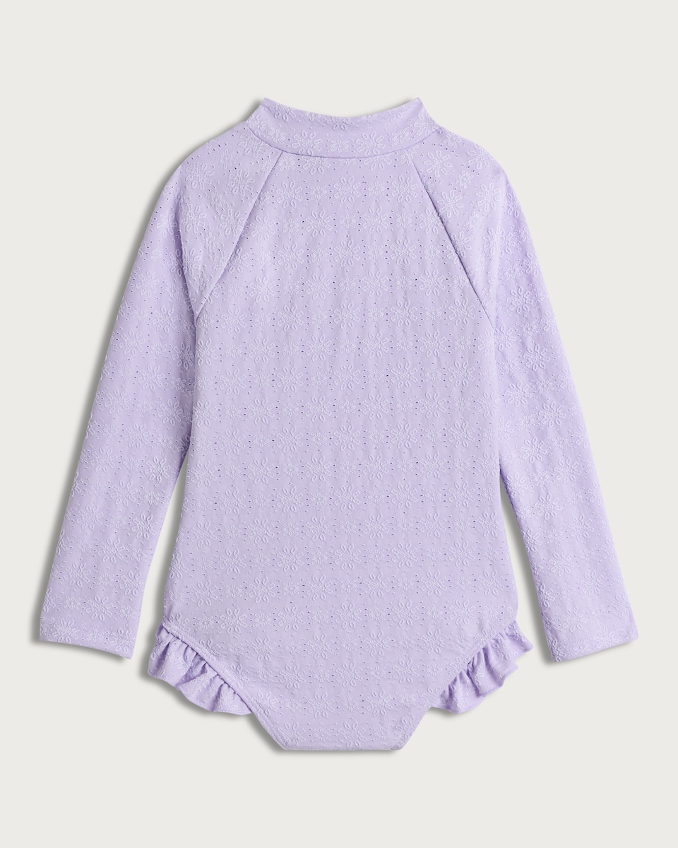 image 1 of F&F Girls Broderie Ruffle Long Sleeved Swimsuit in Lilac