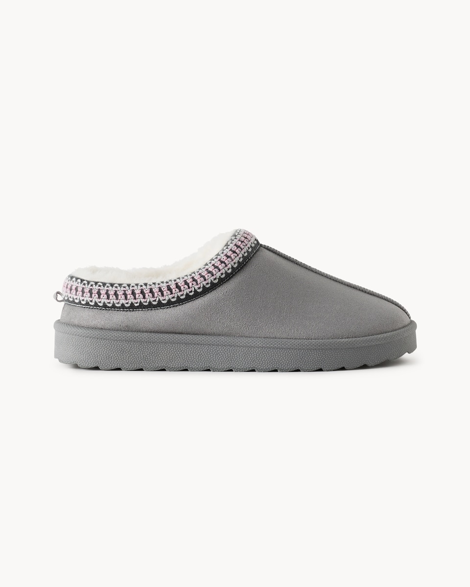 image 1 of F&F Faux Fur Lined Embroidered Mule Slippers in Grey