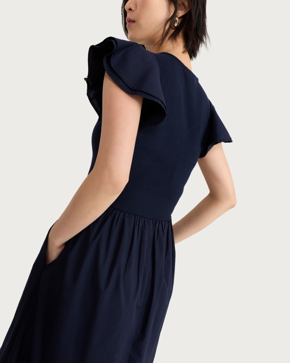 image 1 of F&F Cotton Rich V Neck Flutter Sleeve Midi Dress in Navy