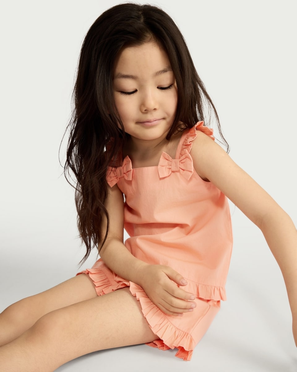 image 1 of F&F Girls 2-Piece Pure Cotton Frill Top and Short Set in Coral