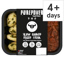 PUREPOWER NUTRITION SLOW COOKED DICED STEAK WITH SPINACH COATED BABY POTATOES 400G