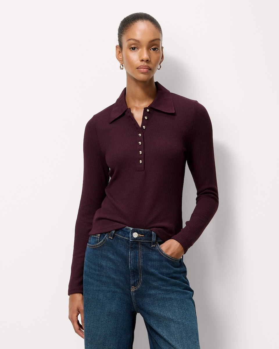 image 1 of F&F Ribbed Collared Top in Purple