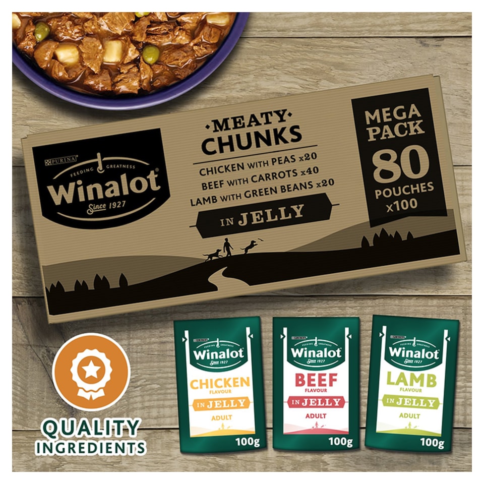 image 1 of WINALOT Meaty Chunks Mixed in Jelly Wet Dog Food 80x100g
