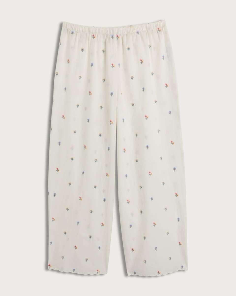 image 1 of The F&F Edit Pure Cotton Floral Embroidered Pyjama Bottoms in White