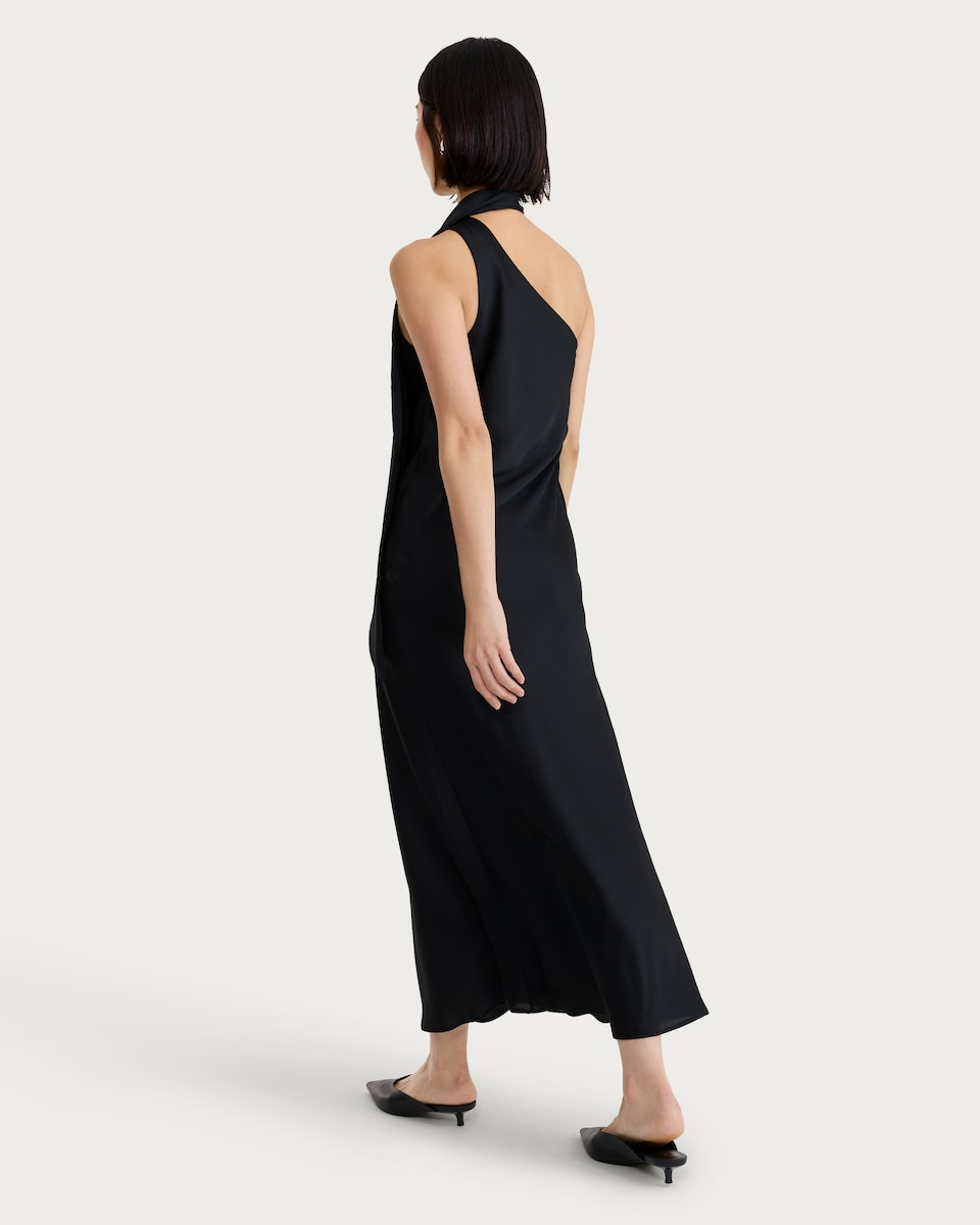 image 1 of F&F Satin Scarf Neck Midi Dress in Black