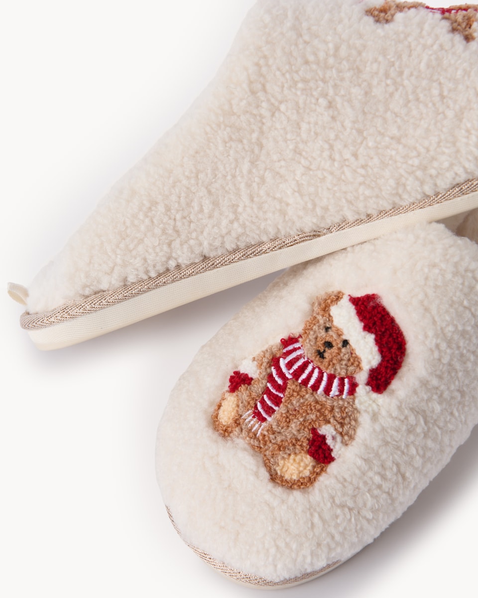 image 1 of F&F Borg Teddy Bear Mule Slippers in Cream