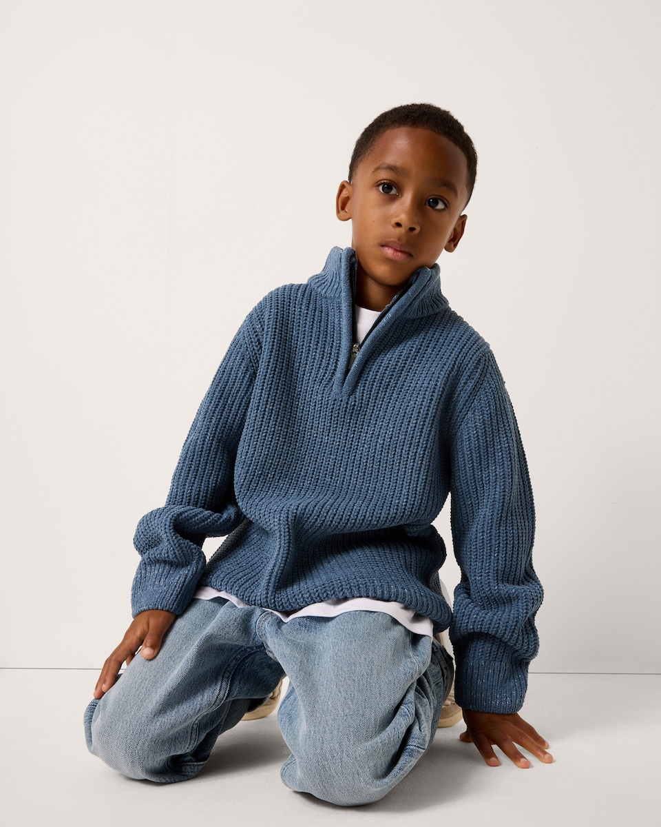 image 1 of F&F Boys Chenille Knitted Quarter Zip Jumper in Blue