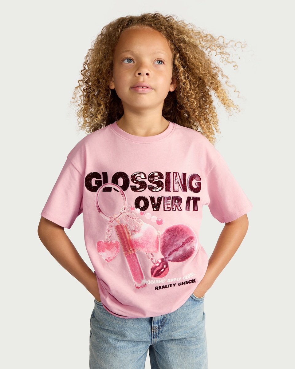 image 1 of F&F Girls Pure Cotton Slogan T-Shirt in Pink