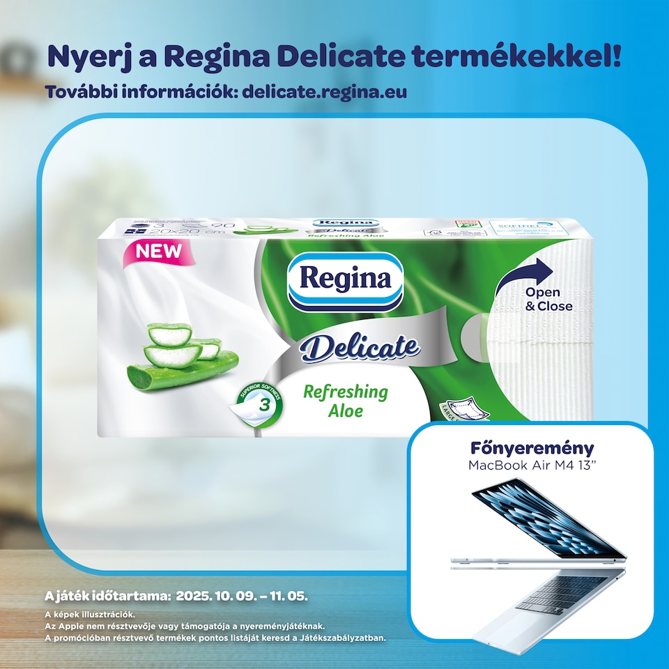 Regina Delicate Refreshing Aloe papír zsebkendő 3 rétegű 90 db