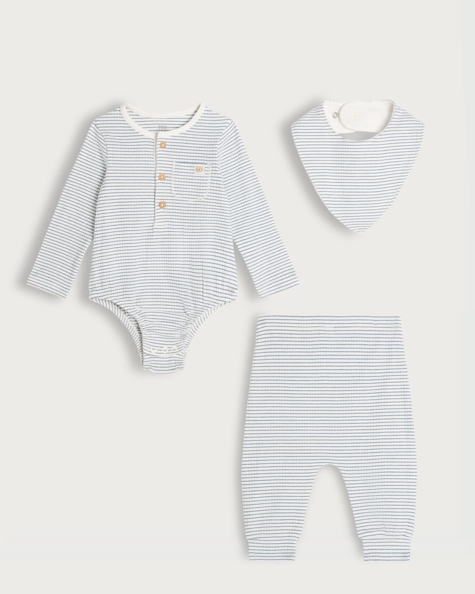 image 1 of F&F Baby 3-Piece Cotton Rich Stripe Print Henley Bodysuit, Legging and Bib Set in Blue