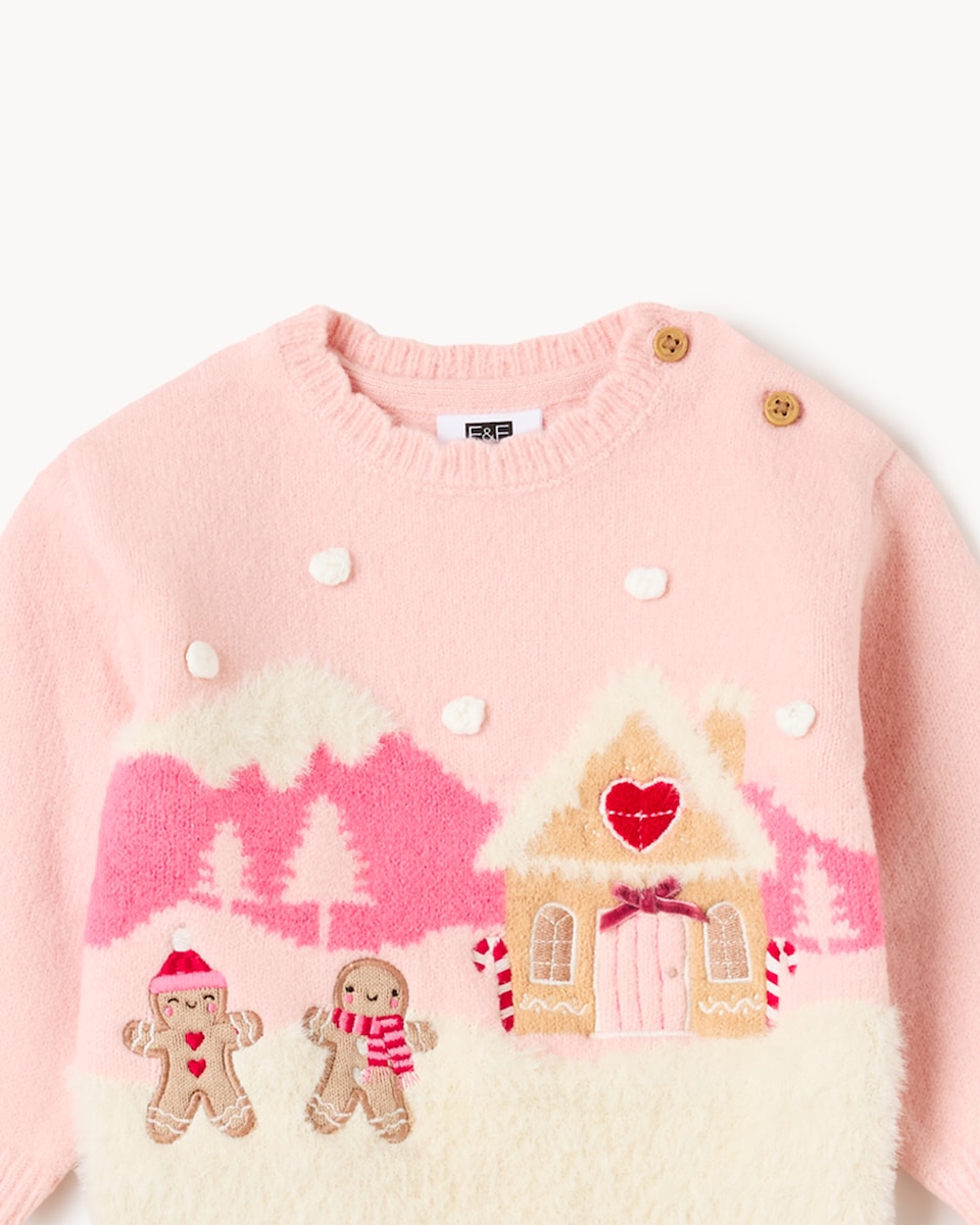 image 1 of Christmas Baby Gingerbread House Jumper and Leggings Set in Pink