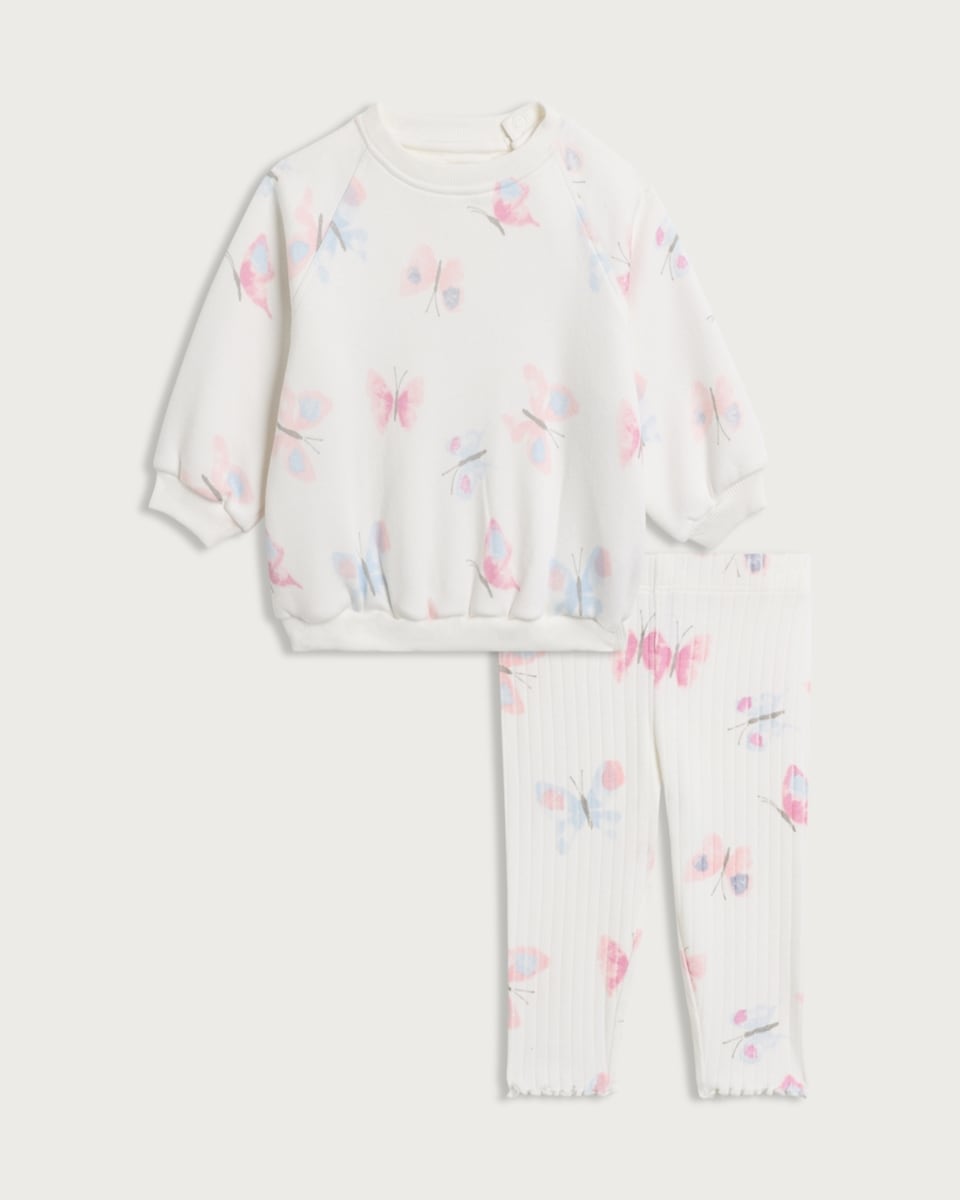 F&F Baby 2-Piece Cotton Rich Butterfly Print Sweatshirt and Leggings Set in White