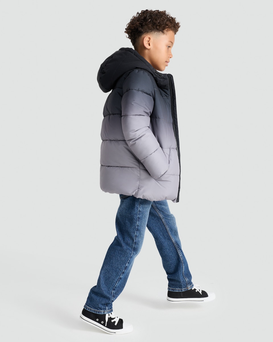 image 1 of F&F Boys Ombré Hooded Puffer Jacket in Black