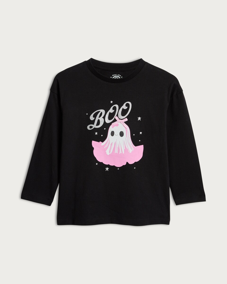 F&F Girls Pure Cotton Boo Ghost Print Long Sleeved Top in Black
