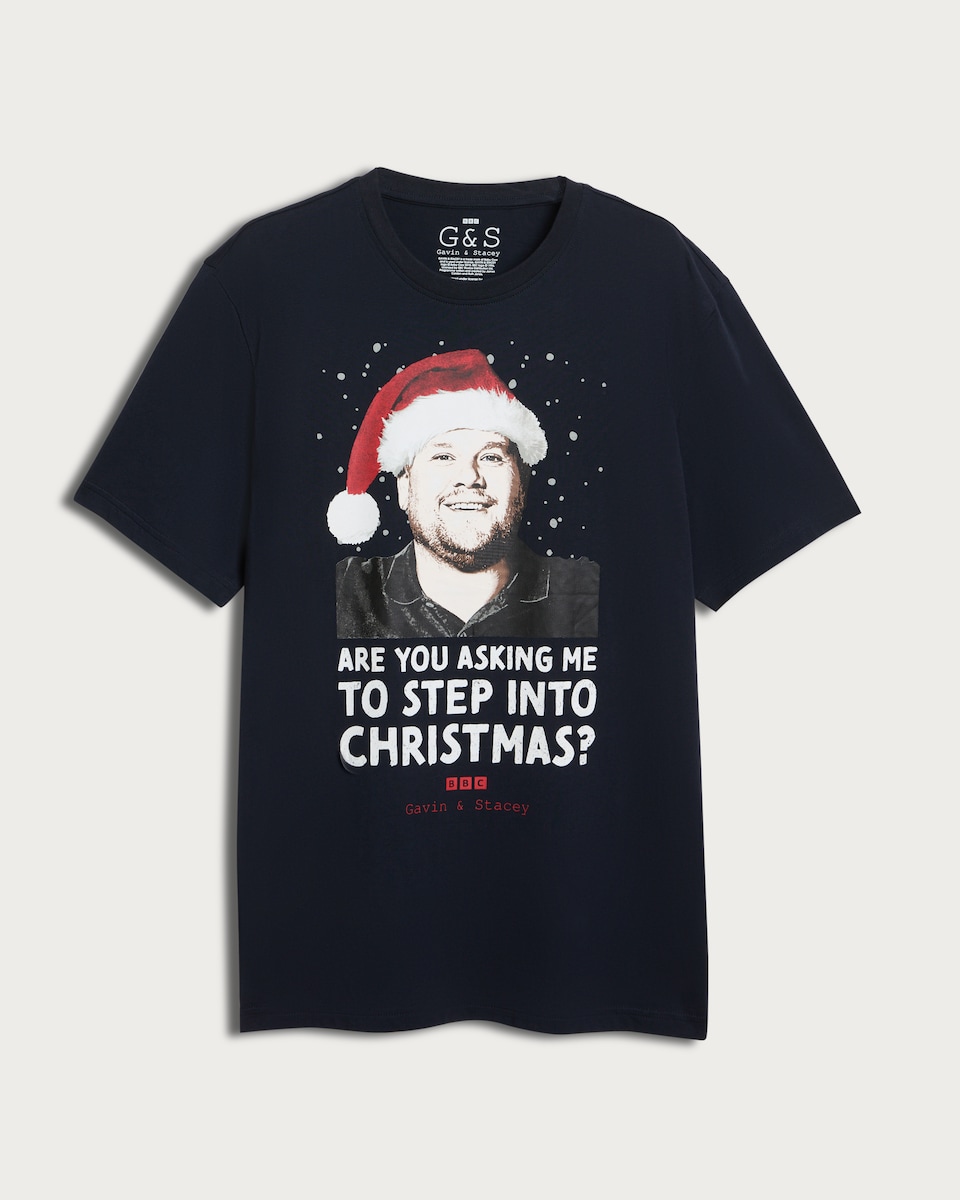 image 1 of Gavin & Stacey Step Into Christmas T-Shirt in Navy