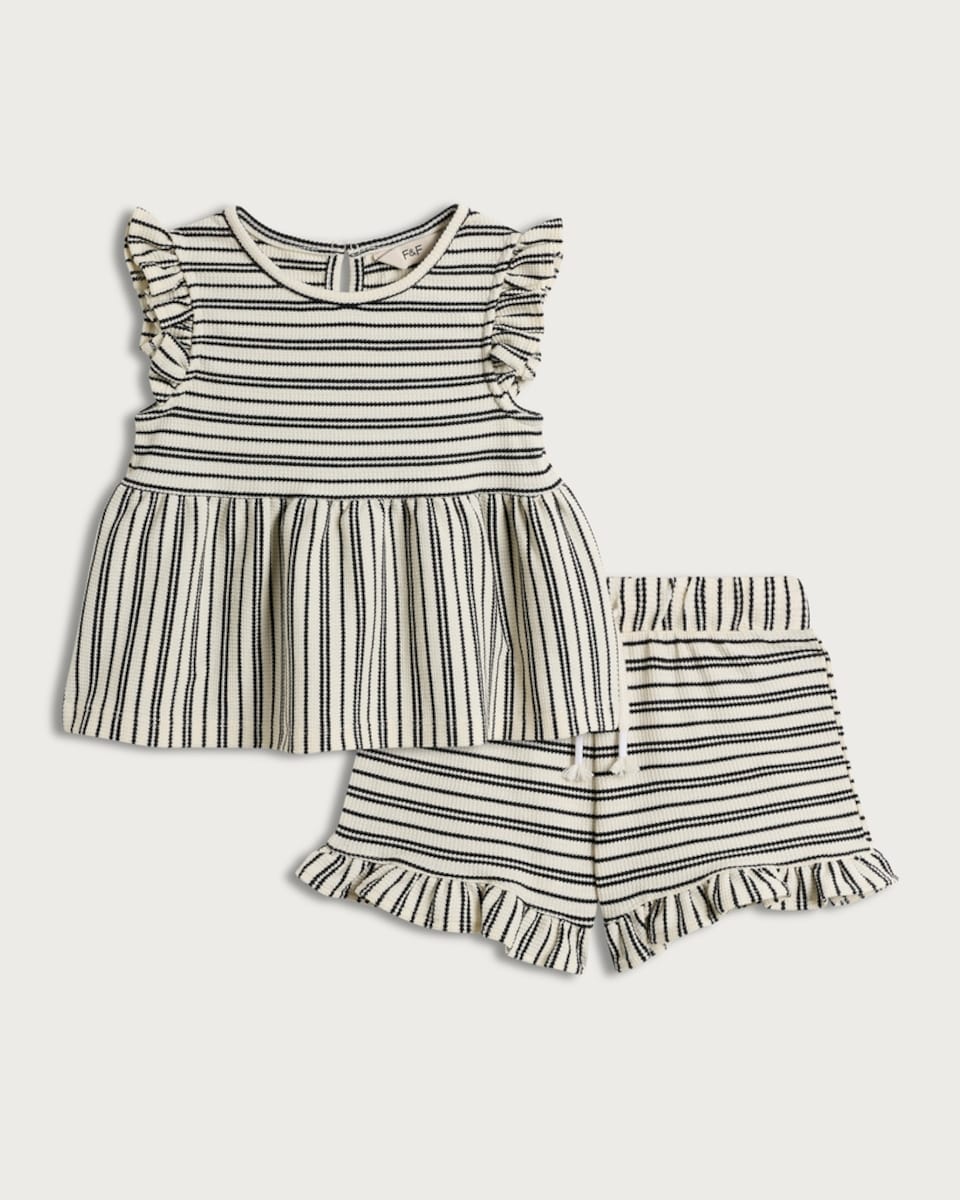 image 1 of F&F Girls 2-Piece Cotton Blend Striped Frill Sleeved Top and Shorts Set in Multi