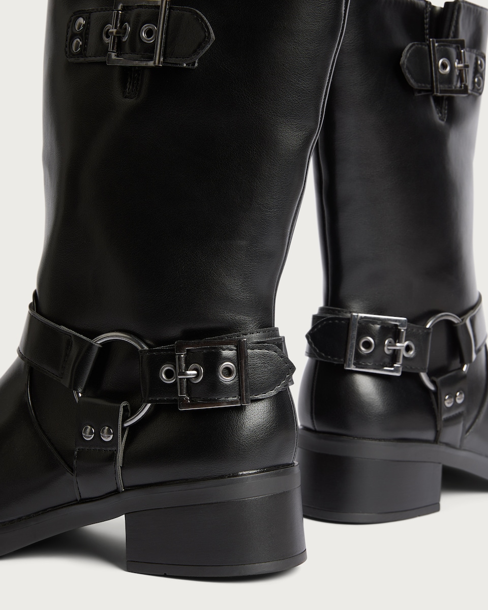 image 1 of F&F Faux Leather Biker Buckle Boots in Black