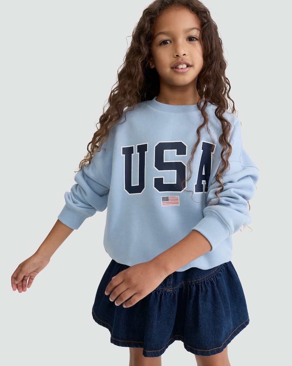 image 1 of F&F Girls Cotton Rich USA Flag Print Sweatshirt in Blue