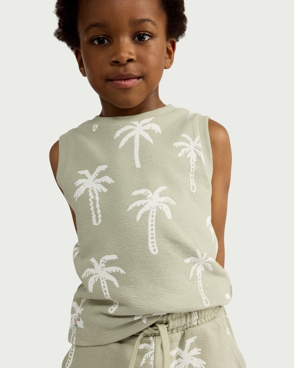 image 1 of F&F Boys 2-Piece Pure Cotton Palm Tree Print Vest and Shorts Set in Green