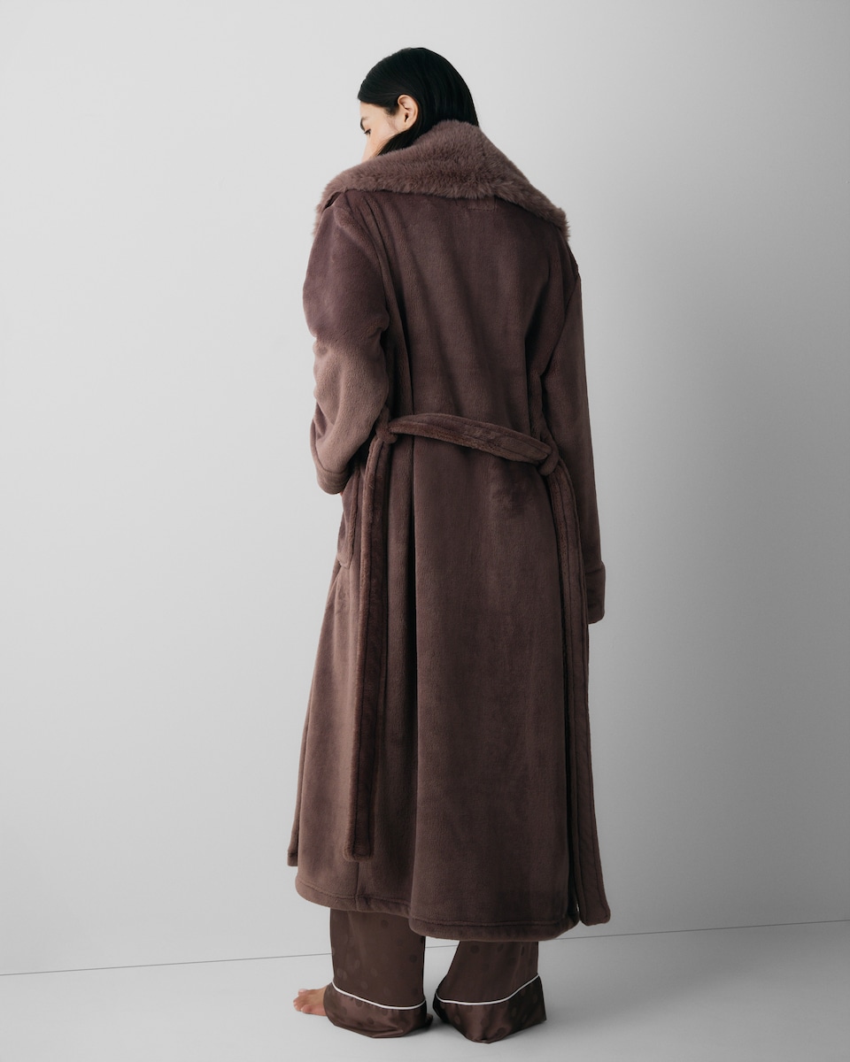 image 1 of F&F Faux Fur Shawl Neck Dressing Gown in Neutral