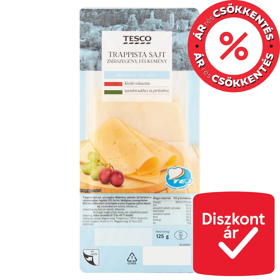Tesco Sliced Low-Fat, Semi-Hard Trappist Cheese 125 g