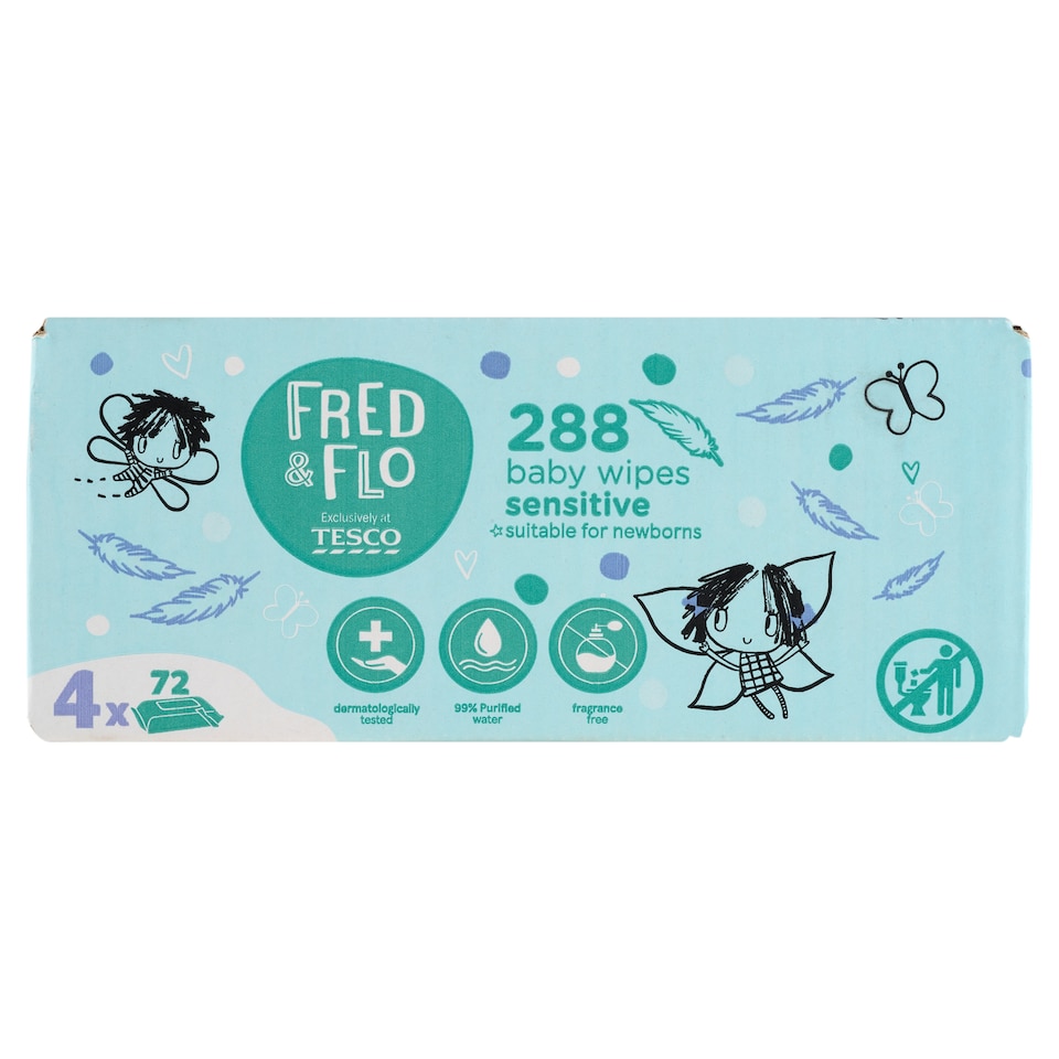 Fred & Flo illatmentes, nedves babatörlőkendők érzékeny bőrre 4 x 72 db  1. kép