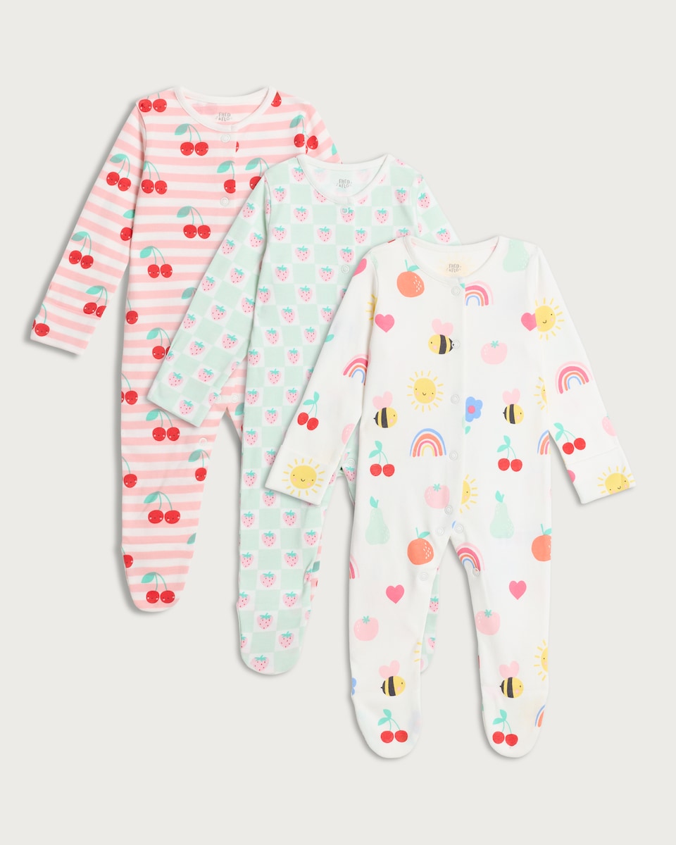 image 1 of F&F Baby 3-Pack Pure Cotton Printed Sleepsuits in Pink