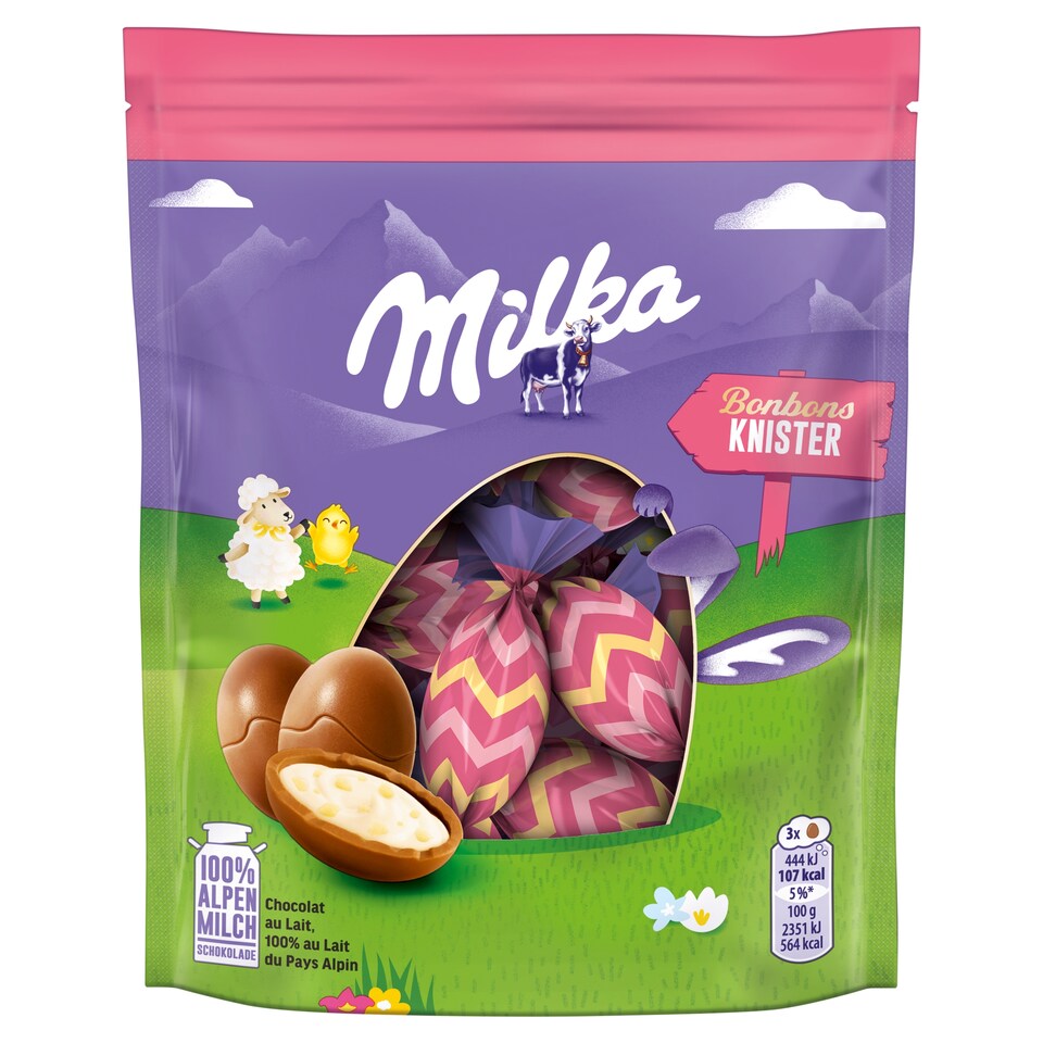 Milka vajíčka, mliečna čokoláda s mliečnym krémom a praskajúcimi guľôčkami 86 g