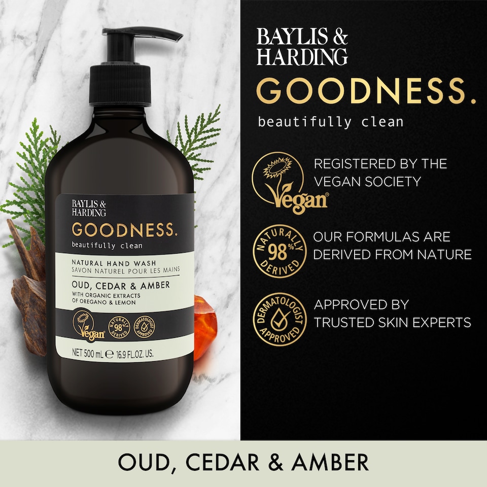image 1 of Baylis & Harding Goodness Natural Hand Wash - Oud, Cedar & Amber 500ml
