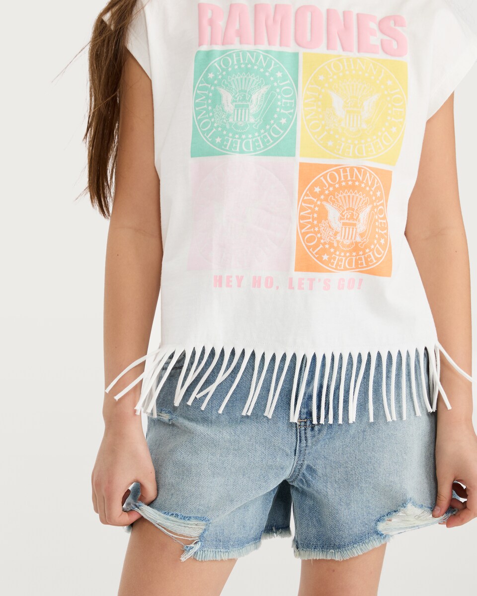 image 1 of Ramones Pure Cotton Slogan Fringe Tank Top in Cream