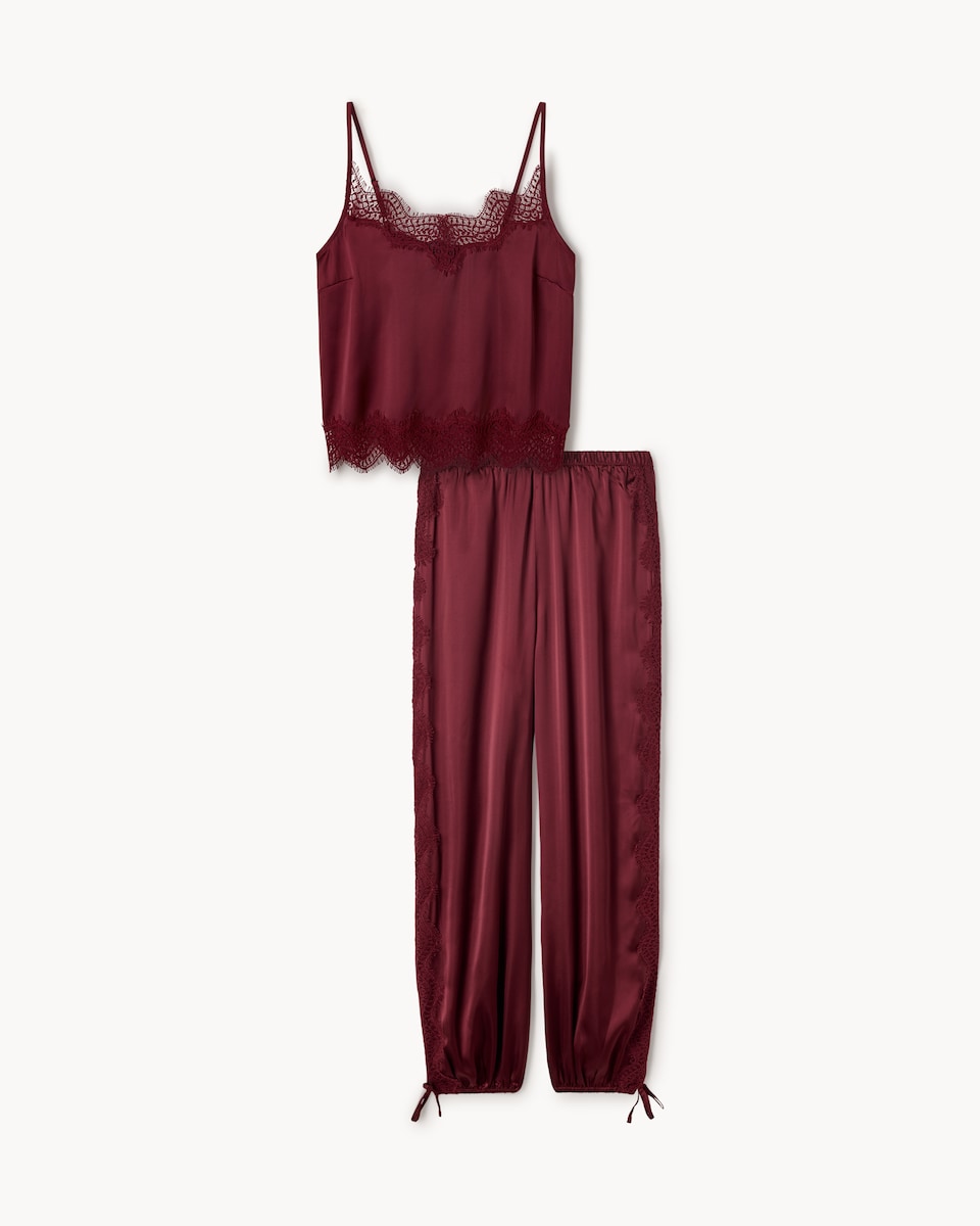 image 1 of F&F Satin Lace Trim Pyjama Set in Red