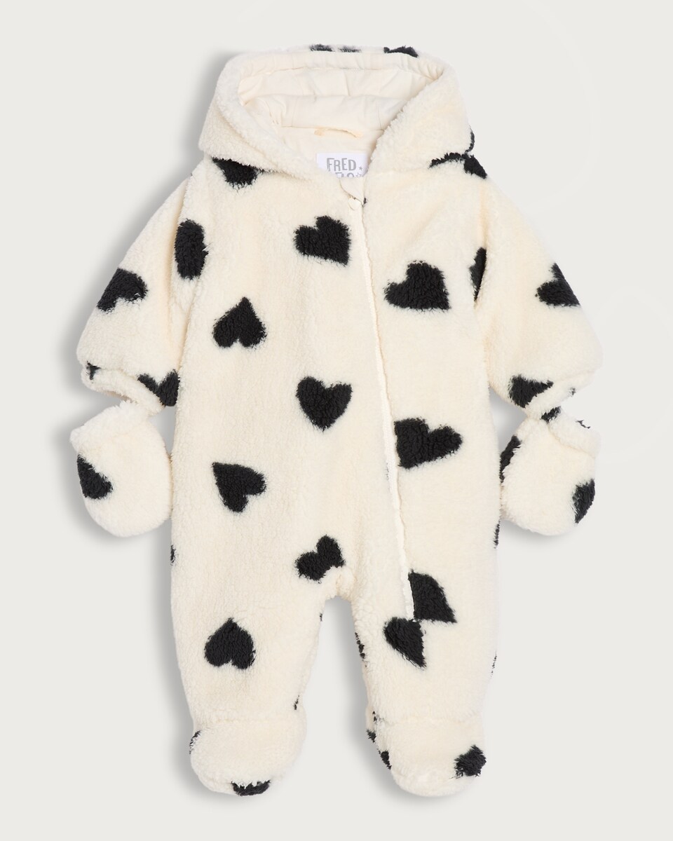 image 1 of F&F Baby Fleece Heart Print Pramsuit in Cream