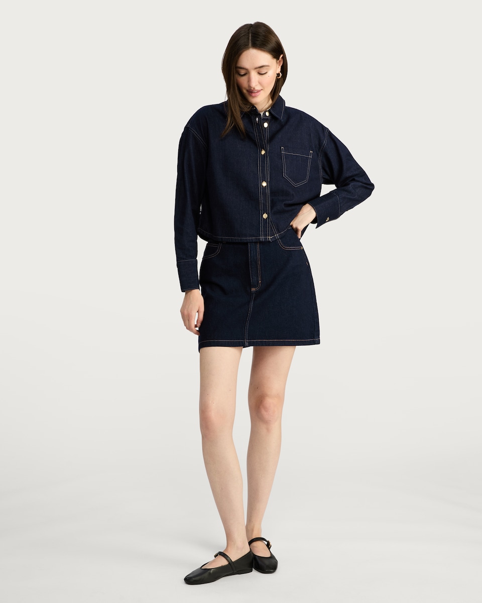 image 1 of The F&F Edit Denim Cropped Pocket Detail Co-ord Shirt in Navy