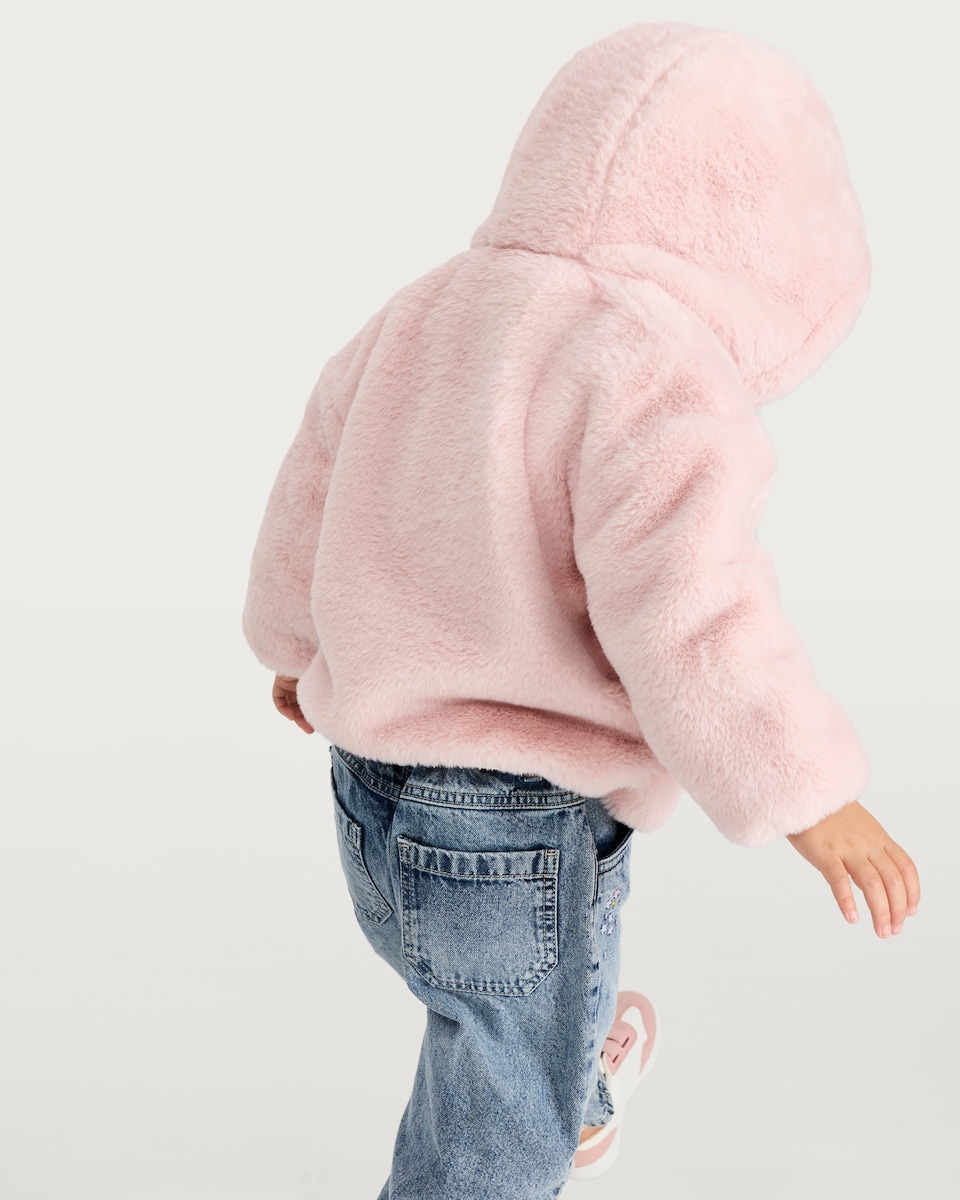 image 1 of F&F Girls Faux Fur Hooded Jacket in Pink