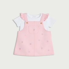 F&F Baby 2-Piece Pure Cotton Denim Embroidered Pinafore Dress and Bodysuit Set in Pink