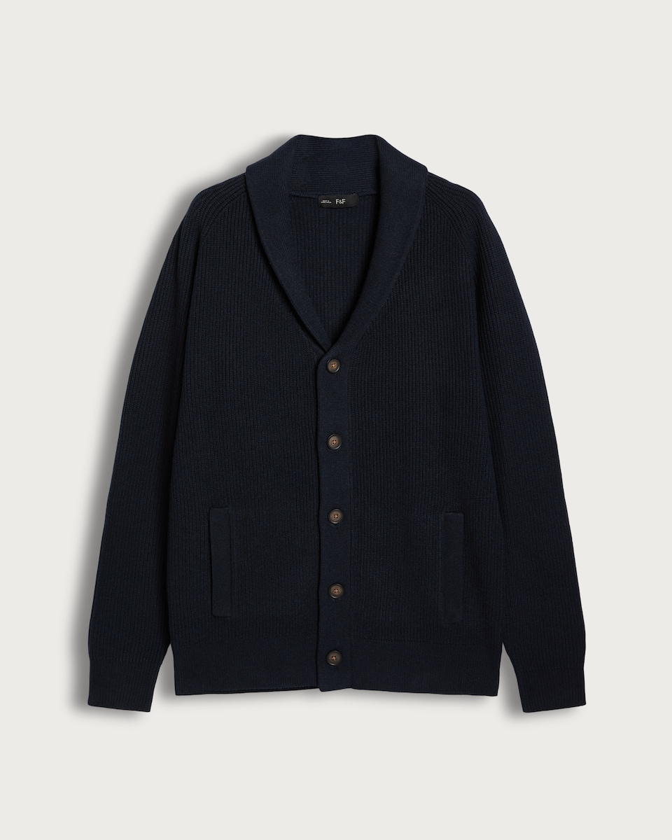 image 1 of F&F Knitted Shawl Collar Button Up Cardigan with Cotton in Navy