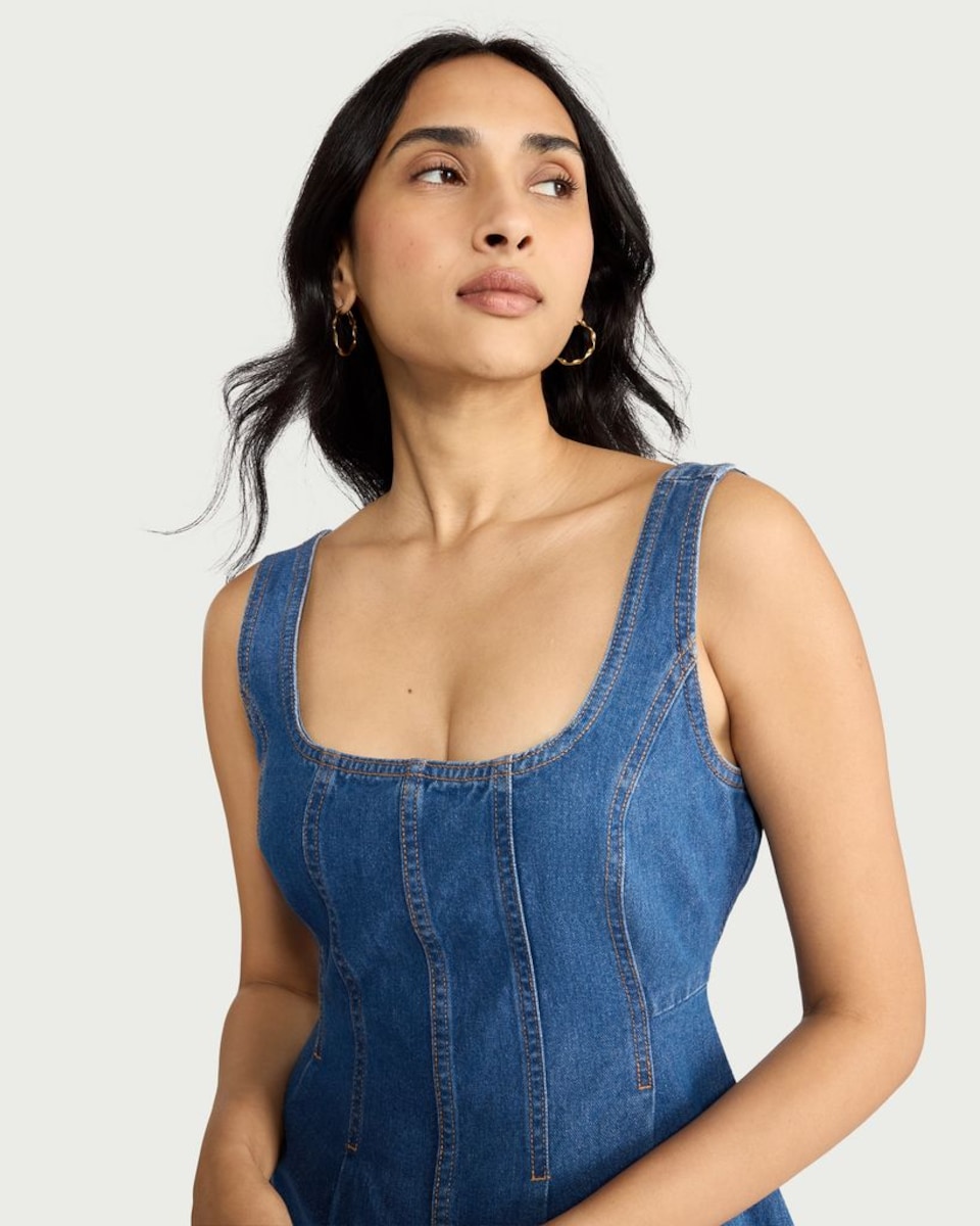 image 1 of F&F Pure Cotton Scoop Neck Sleeveless Mini Dress in Blue