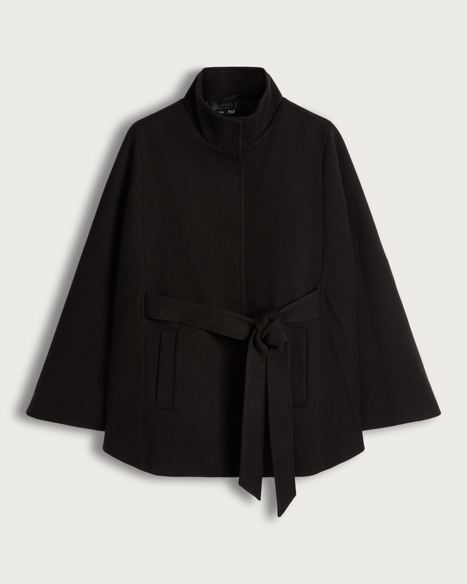 image 1 of F&F Belted High Neck Cape Coat in Black