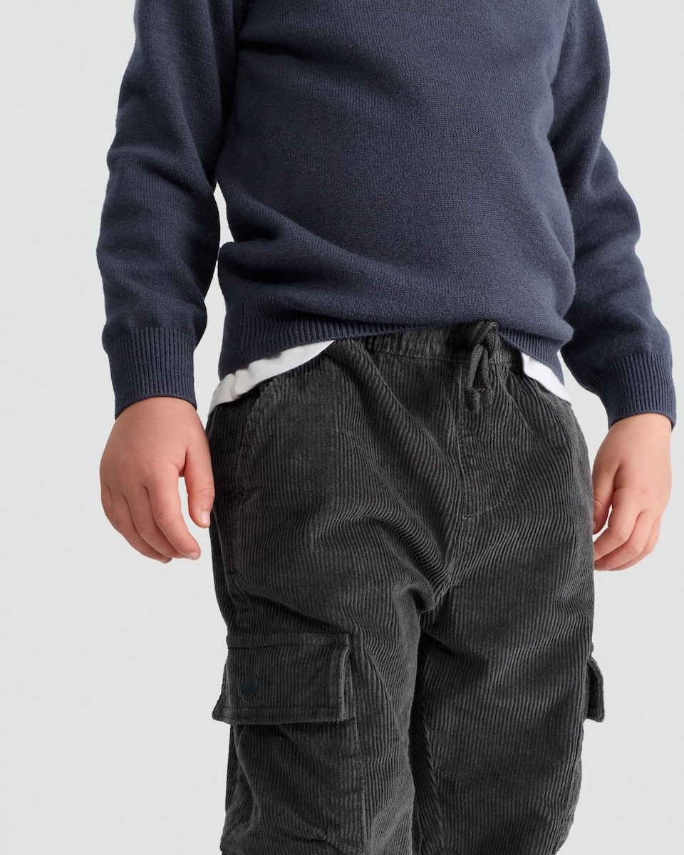 image 1 of F&F Boys Cotton Rich Corduroy Cuffed Cargo Trousers in Grey