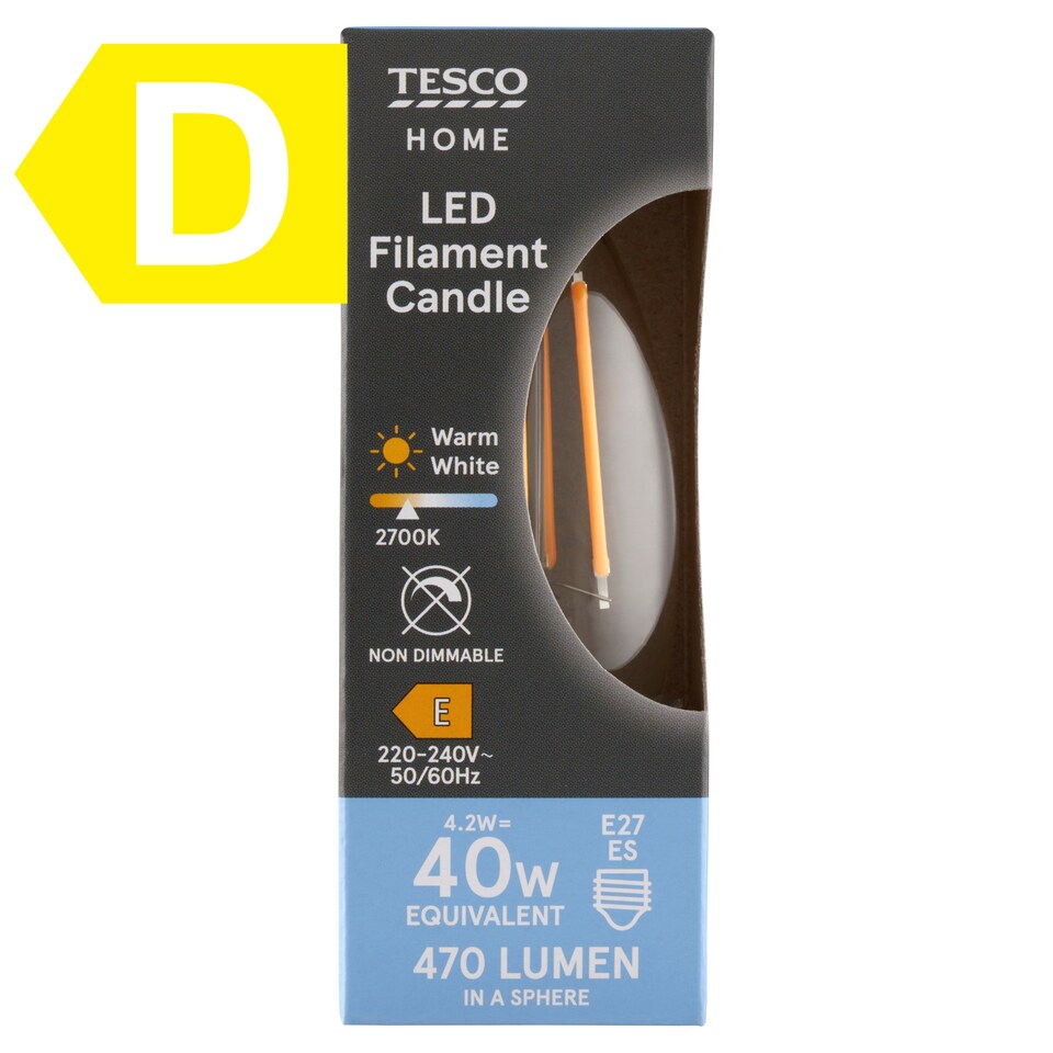 Tesco Home E27 470 lm 40 W 2700K LED izzószálas gyertya  1. kép