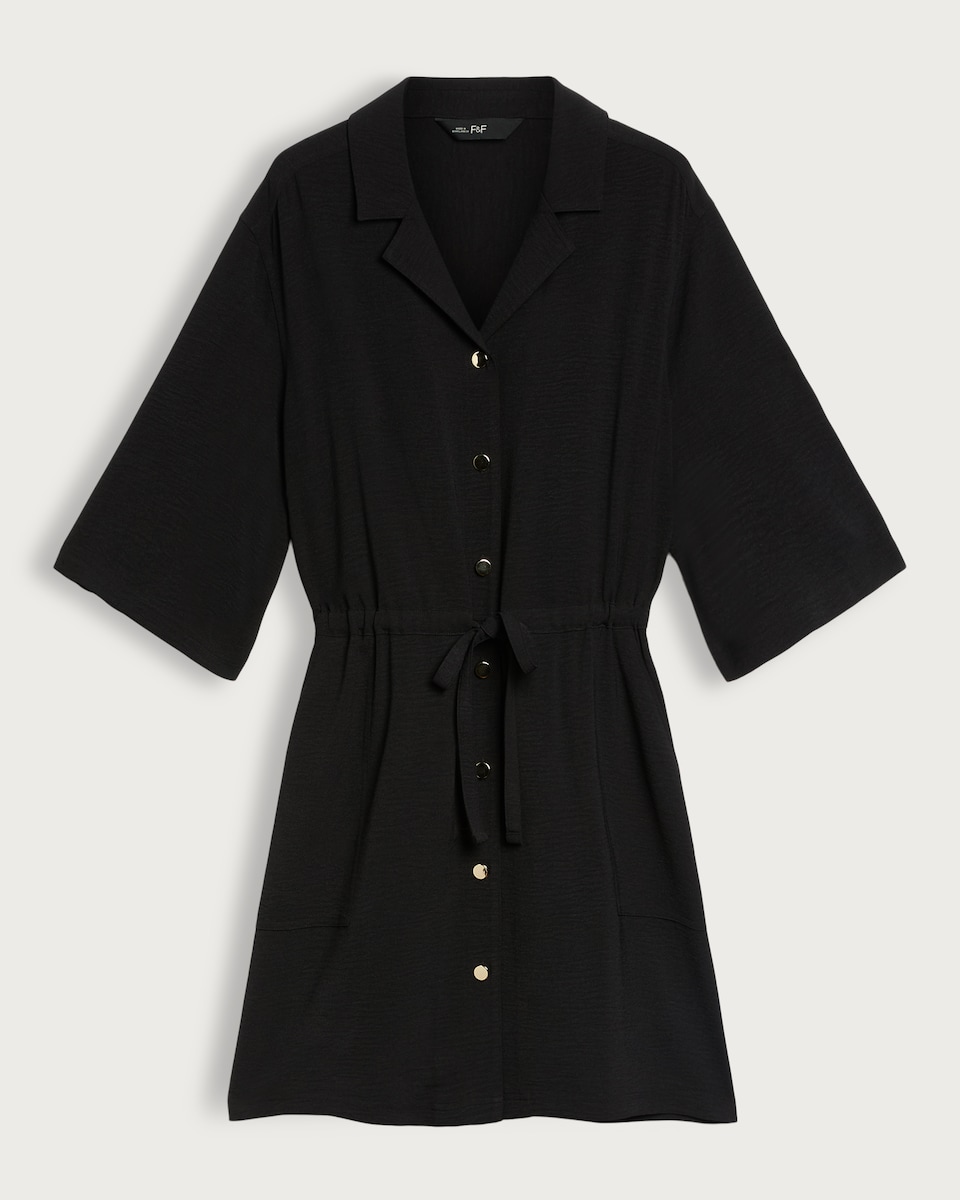 image 1 of F&F Button Front Tie Waist Mini Dress in Black