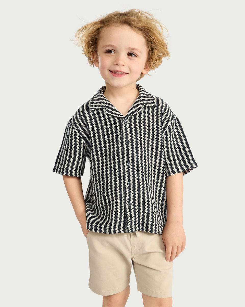 image 1 of F&F Boys Cotton Rich Striped Button-Up Shirt in Multi Black White